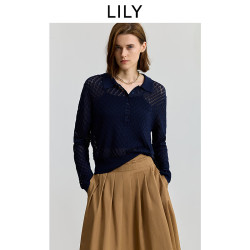 LILY 商场同款2025秋新款女装复古POLO领镂空藏青色针织衫毛衣 411藏青 M