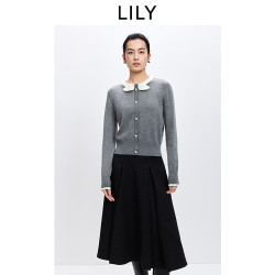 LILY 2026春新款女装含羊毛格雷系撞色打结圆领通勤套头针织衫短款 501灰色 M