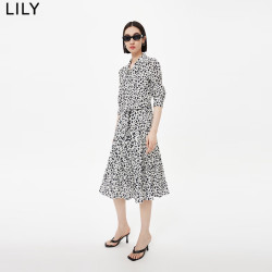 LILY 夏新款女装俏皮爱心印花气质翻领复古泡泡袖高腰款连衣裙 604米白 M