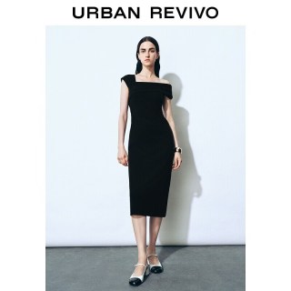 URBAN REVIVO UWG760035+ 一字领褶皱修身连衣裙 黑色 S