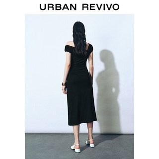 URBAN REVIVO UWG760035+ 一字领褶皱修身连衣裙 黑色 S