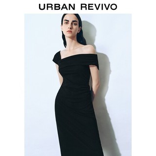 URBAN REVIVO UWG760035+ 一字领褶皱修身连衣裙 黑色 S