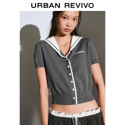 UR UR2026夏季新款女装航海风蕾丝海军领拼接针织开衫UYY960057+ 中灰 S