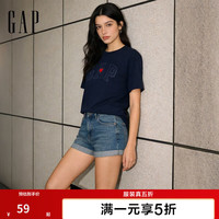 Gap 男女装秋季纯棉logo印花宽松短袖T恤休闲上衣883711 海军蓝 鹅黄色 粉色    亚洲尺码