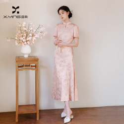 香影 新中式改良旗袍连衣裙女2026秋季新款国风盘扣小立领提花裙子 银牡丹色 L 165/88A/110-125斤