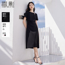 香影 赫本风法式黑色连衣裙女2026夏装新款气质通勤褶皱显瘦小黑裙 黑色 L 165/88A/110-125斤