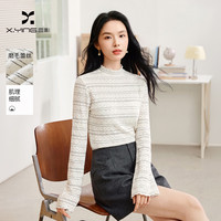 香影 白色镂空波点蕾丝T恤女2026秋季新款半高领打底衫喇叭袖上衣 米白 S