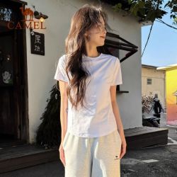 骆驼 热巴同款骆驼T恤正肩T神短袖女白色冰感短款打底弹力修身显瘦上衣