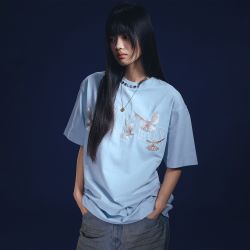 WHOOSIS 白鸽刺绣短袖t恤夏季上衣宽松美式校园情侣国潮
