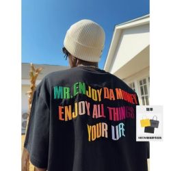 MEDM 美式嘻哈彩虹字体刺绣情侣短袖T恤男夏季潮牌休闲五分袖体恤