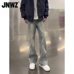 JNWZ 复古蓝斜切微喇牛仔裤男春季高街美式vibe裤子潮牌高级感直筒