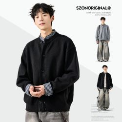 开衫毛衣男美式chic拼接假两件毛线衣高级感慵懒休闲运动情侣外套