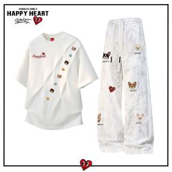 CHARLES JANG'S HAPPY HEART 休闲套装男女夏季2026新款设计感短袖T恤弯刀裤两件套