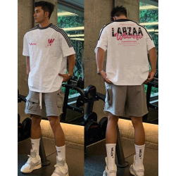 意趣味字母印花短袖T恤男夏季潮牌百搭宽松纯棉三条杠上衣