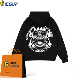 GICSUP潮牌纯棉连帽狮头情侣休闲套头加绒加厚卫衣男女长袖上衣