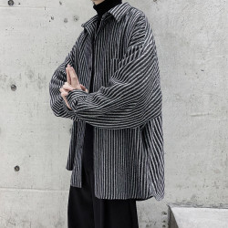 劳伦鲨 春秋季加厚衬衫大码复古条纹男士宽松休闲长袖ins潮流衬衣外套男