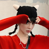 网红可爱搞怪牛角针织帽子女个性百搭时尚保暖休闲冬天冷帽情侣