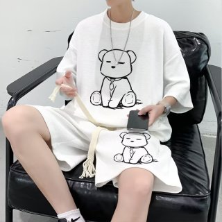 小熊t恤男士夏季潮牌宽松大码短袖短裤篮球服一套华夫格运动套装