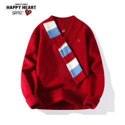 CHARLES JANG'S HAPPY HEART 设计感2026毛衣上衣假两件新款长袖围巾V领针织衫红色