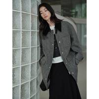 JUSLIN 巴恩复古人字纹 灯芯绒领直身谷仓夹克中长款呢大衣 L0901 灰人字纹（现货） M