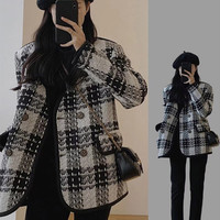 2023新款秋季高级感洋气粗花呢格子小香风短款外套女夹棉厚实上衣