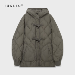 JUSLIN 90甄源波兰纯白鸭绒 编织木头扣连帽葫芦格羽绒服 L0902 草木灰（现货） M