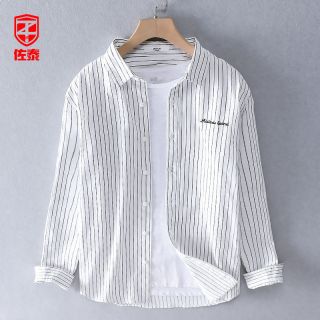 新款竖条纹长袖衬衫男士春秋季休闲寸衫宽松衬衣外套复古免烫日系