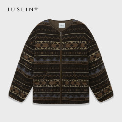 JUSLIN 复古费尔岛提花 圆领长袖拉链颗粒绒外套/无袖马甲 L0903 深栗棕外套（现货） M