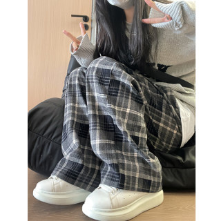 秋冬新款加绒外穿格子裤休闲三色垂感长裤复古高腰显瘦拖地阔腿裤