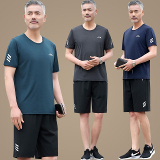 爸爸装夏装套装时尚中老年人男装老爸速干衣中年男士冰丝短袖t恤