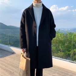 新款毛呢大衣男中长款过膝帅气韩版宽松加厚呢料风衣外套休闲