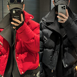 尚锋男装冬季新款个性亮闪假两件加厚保暖宽松翻领设计棉服外套