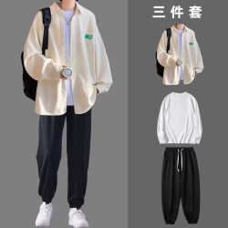 华夫格长袖衬衫男士春秋季外套衣服潮流男装高级感穿搭套装三件套