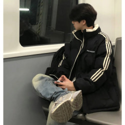 美式简约潮牌字母三条杠立领棉衣外套男女冬季加厚面包棉服