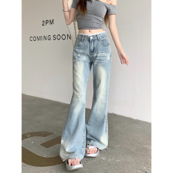 蝴蝶曼 浅蓝色微喇牛仔裤女2026新款高腰弹力修身显瘦喇叭拖地长裤 浅蓝色 S