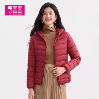 鸭宝宝 90鸭绒 轻薄连帽 女士羽绒服 酒红色 S