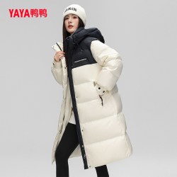 鸭鸭羽绒服 女2025冬季新品长款过膝连帽加厚撞色休闲时尚保暖外套