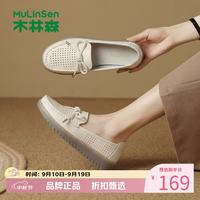 木林森 女鞋镂空透气乐福鞋 女士蝴蝶结软底小皮鞋低跟休闲一脚蹬妈妈鞋