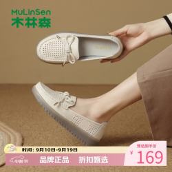 木林森 女鞋镂空透气乐福鞋 女士蝴蝶结软底小皮鞋低跟休闲一脚蹬妈妈鞋