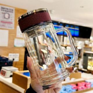 欧因 高硼硅茶水分离玻璃杯把手泡茶杯商务办公杯耐高温水杯 双层泡茶玻璃杯红色 358ml