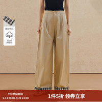 茵曼 复古翻边格纹纯棉阔腿裤2026夏季女装新款休闲显瘦宽松裤子 	卡其色 28