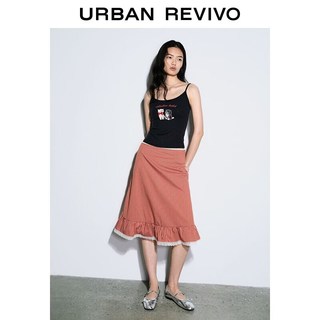 URBAN REVIVO UYY560036 撞色格纹蕾丝花边 红棕格子 L 半身裙