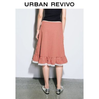 URBAN REVIVO UYY560036 撞色格纹蕾丝花边 红棕格子 L 半身裙