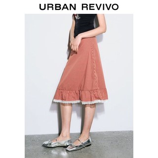 URBAN REVIVO UYY560036 撞色格纹蕾丝花边 红棕格子 L 半身裙