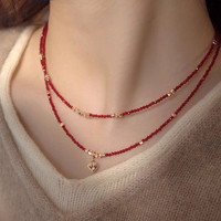 花饰庄园 新中式红水晶芒星爱心项链不掉色女小众感显白串珠叠戴情人节 XL0268-2 红水晶单链款