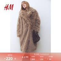 H&M 女装毛呢外套冬季保暖仿皮草中长款绒感大衣毛毛外套1101014 米色 S 160/88