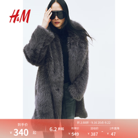 H&M 女装毛呢外套冬季圣诞保暖仿皮草毛绒中长款大衣1101014 深灰色008 XS 155/80