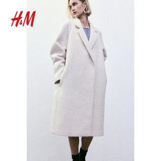 H&M 女装毛呢外套冬季时尚气质翻领舒适双排扣中长款大衣1159193 奶油色 XS 155/80