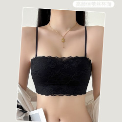 舒熙妮 黑色蕾丝性感内衣女小胸聚拢吊带裙专用U型交叉美背抹胸薄款文胸