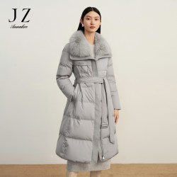 玖姿 安娜蔻精选可拆狐狸毛领长款收腰白鹅绒羽绒服冬